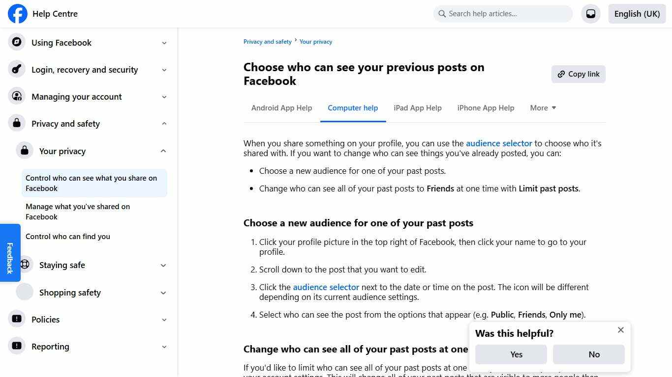Choose who can see your previous posts on Facebook Facebook Help Centre