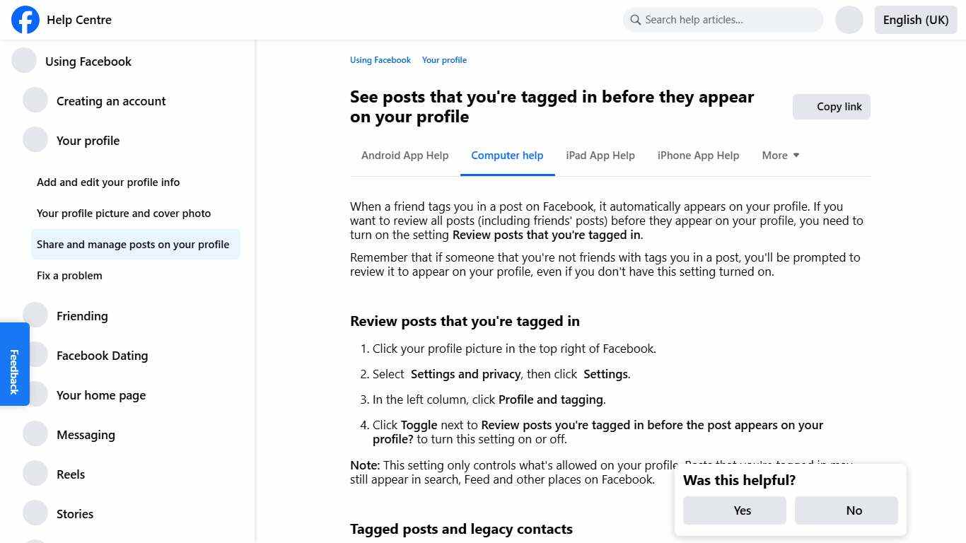 See posts that you're tagged in before they appear on your profile Facebook Help Centre